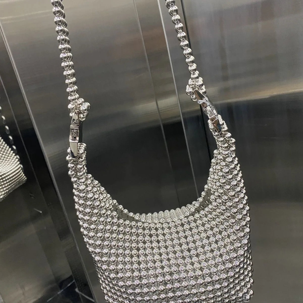 New Silver Beaded Handbags For Women Fashion Trendy Portable Purse Party Beading Shoulder Tote Bags