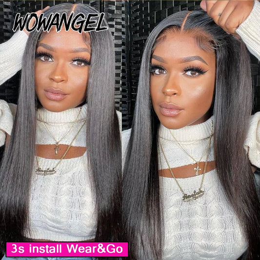 Wow Angel 36inch Jet Black Glueless Wigs 5x5 HD Lace Closure Human Hair Wigs Pre Plucked Straight Ready to Go Wigs For Woman