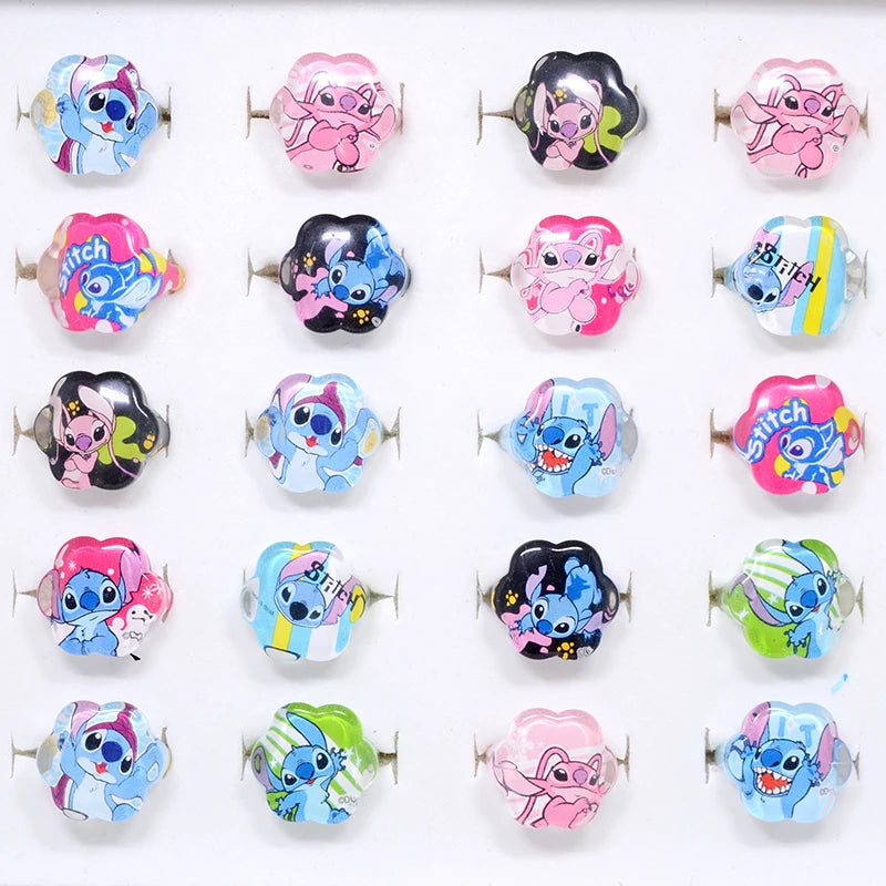 10pcs Disney Cartoon Stitch Flower shape Ring Acrylic Girl Rings Jewelry Ring For Kids Children's Party Birthday Supplies Gift