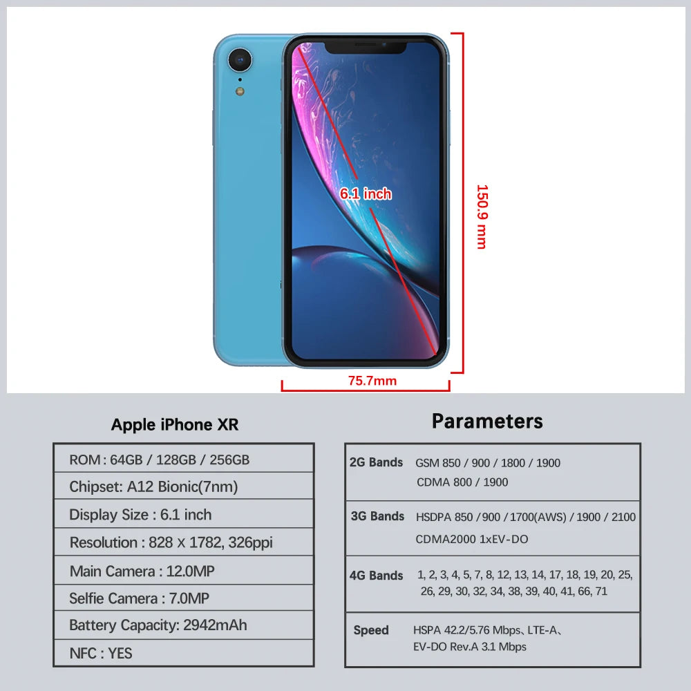 Original Apple iPhone XR 6.1" RAM 3GB ROM 64GB/128GB/256GB Smartphone A12 Bionic 4G LTE Hexa Core IOS Face ID NFC Cell Phone