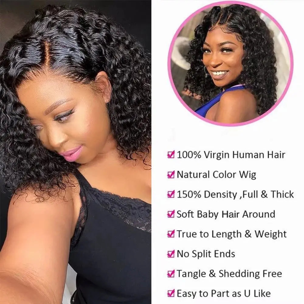 Short Curly Natural Black Bob Brazilian Human Hair Lace Front Wigs 4x4 Closure #1B Deep Wave Wig For Women 10-16inch