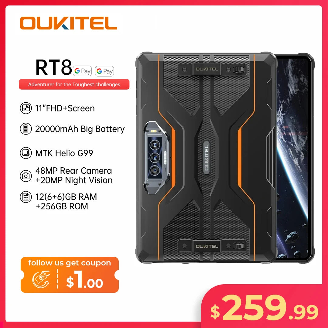 Oukitel RT8 Rugged 20000mAh Tablet 11" FHD+ Display 6GB+256GB Helio G99 Tablet 48MP Camera Tablets PC 33W Android 13