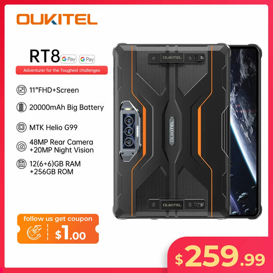 Oukitel RT8 Rugged 20000mAh Tablet 11" FHD+ Display 6GB+256GB Helio G99 Tablet 48MP Camera Tablets PC 33W Android 13