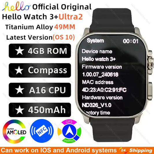 New Official Original Smart Hello Watch 3 Plus Ultra HD AMOLED 4G ROM NFC Compass Bluetooth Call 49mm Smartwatch 2024 Men Women