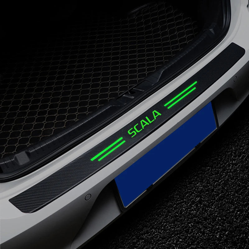 Luminous Carbon Fiber Car Trunk Door Sill Threshold Stickers Decals for Skoda Scala Logo Yeti Rapid Vision Roomster Accessories