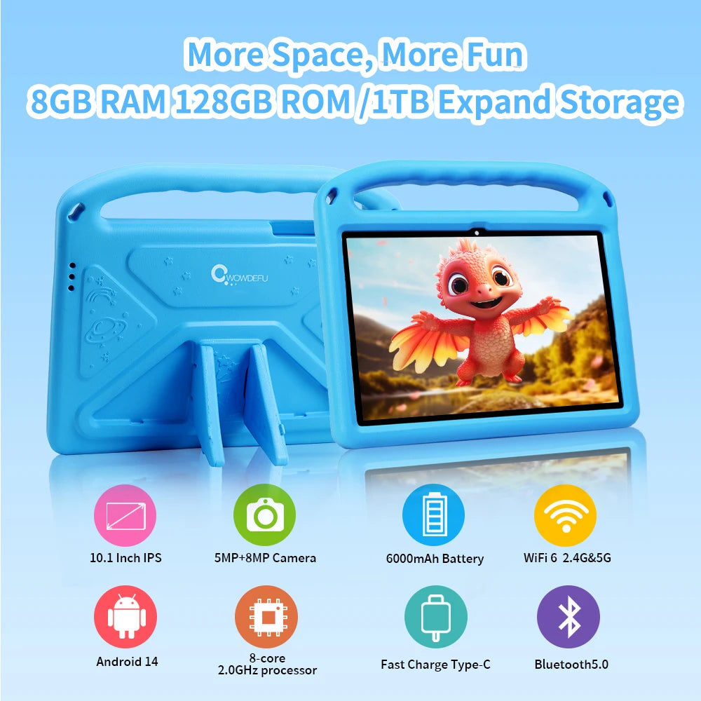 Cwowdefu C18W Kids Tablet 8GB 128GB A523 Octa Core 10.1 HD+ Display 6000mAh WIFI-5G Android 14 Tablets for Children Girls 2024