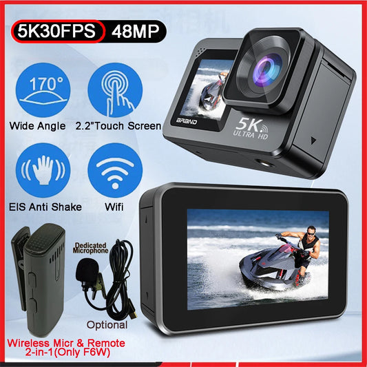 Action Camera F6W Wireless Mic 5K 4K60FPS 48MP 2.2" Touch LCD EIS Dual Screen Wi-Fi 170D Waterproof 30M 8X Zoom Sports Camera