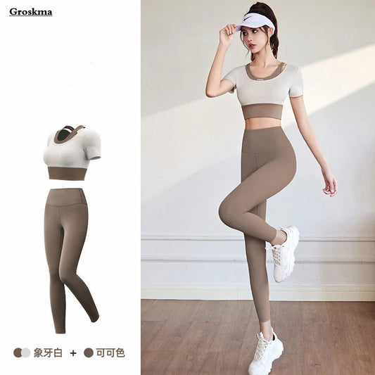 Chest Pad T Shirt+Leggings Women Yoga Two Piece Set Quick Dry Fitness Gym Crop Top Tracksuits Sportswear Running Clothing