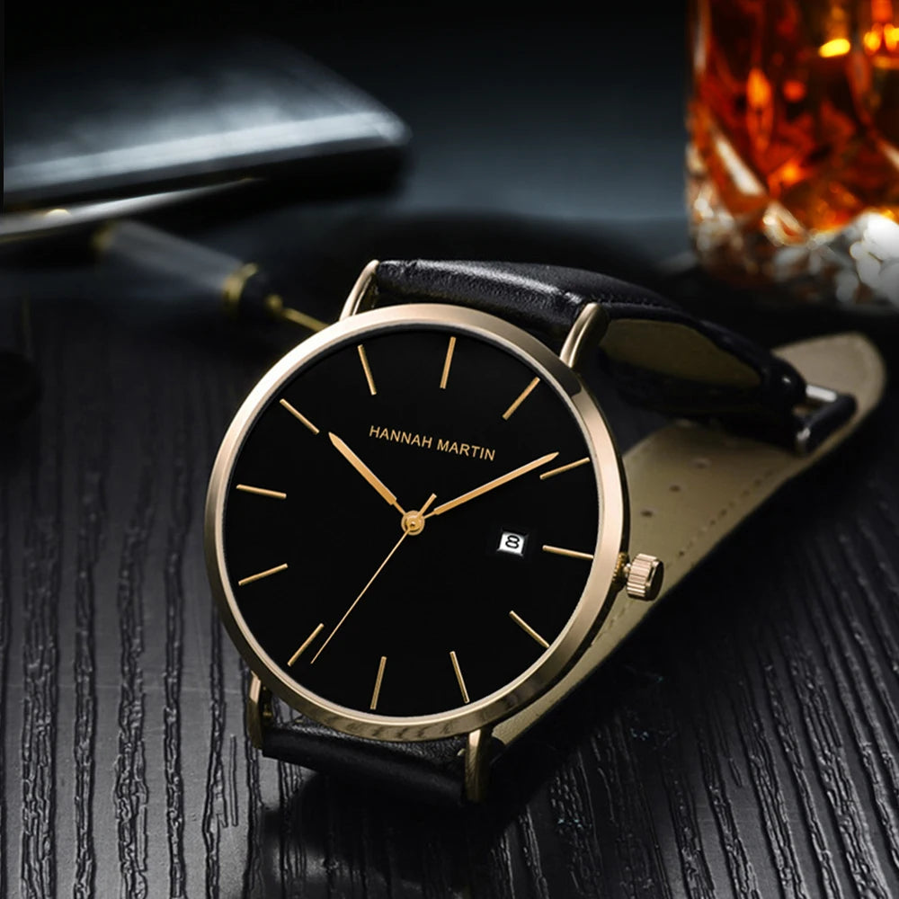 Dropshipping Japan Movement Men Wristwatches Hannah Martin Top Luxury Brand Dark Blue Face Casual Leather Wrist Watches For Men