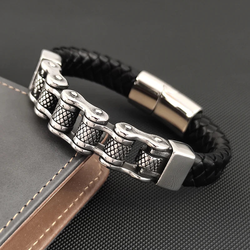 Classic Locomotive Chain Leather Bracelet Multi-layer Men Stainless Steel Punk Magnetic Clasp Bangle for Friend Charm Jewelry