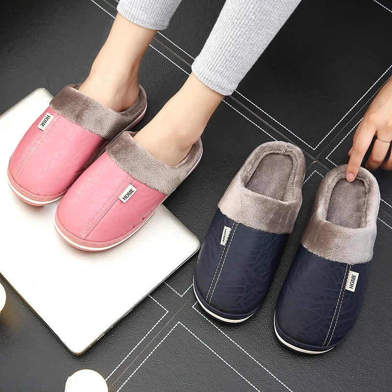 Big Size 50-51 Men Slippers Winter PU Leather Warm Indoor Waterproof Home Furry Flats Couples Slides Bedroom Non Slip Shoes