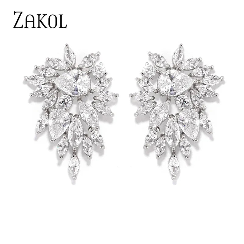 ZAKOL Elegant Flower Stud Earrings for Women Bridal Wedding Water Drop Cubic Zircon Fashion Jewelry Gift Brincos