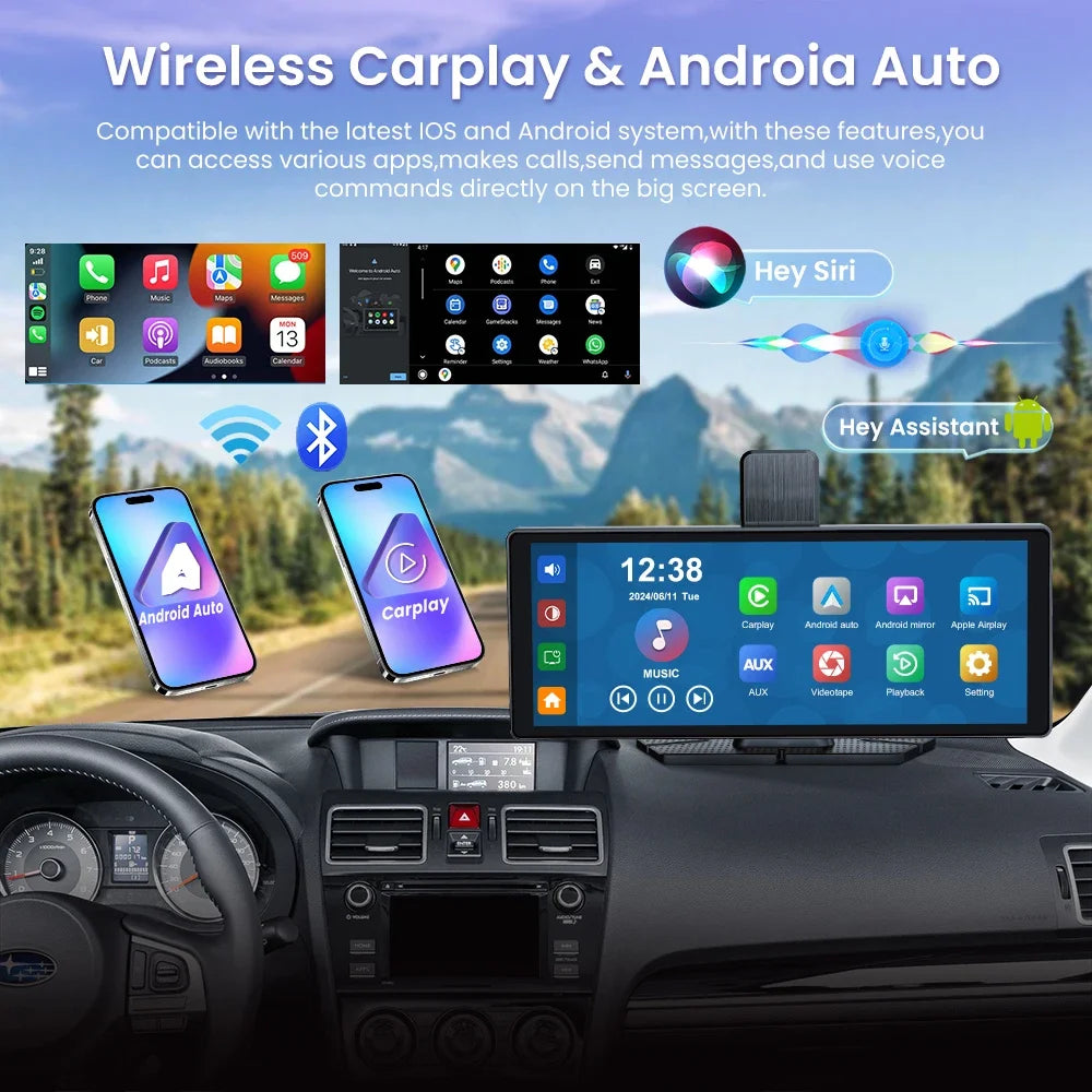 Aprilboy 10.26" Car Intelligent Screen with 4K 360° Rotation Dash Cam Wireless CarPlay & Android Auto AUX FM Bluetooth WIFI