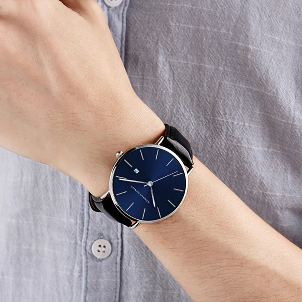 Dropshipping Japan Movement Men Wristwatches Hannah Martin Top Luxury Brand Dark Blue Face Casual Leather Wrist Watches For Men