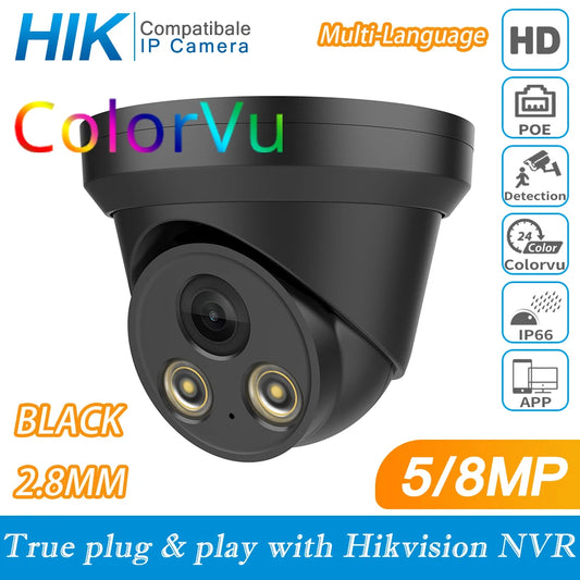 Hikvision Compatible ColorVu Black 5MP Dome POE IP Camera 8MP Home Security CCTV Camera 30m  H.265 P2P Plug&play IPC