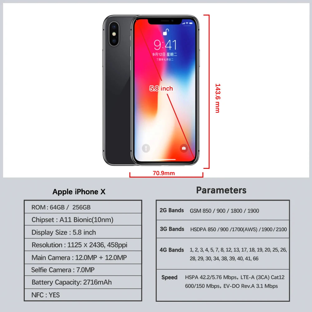 Apple iPhone X 64GB 256GB ROM 5.8" Original OLED Face ID A11 Hexa Core Unlocked 4G LTE Mobile Phone iPhone X