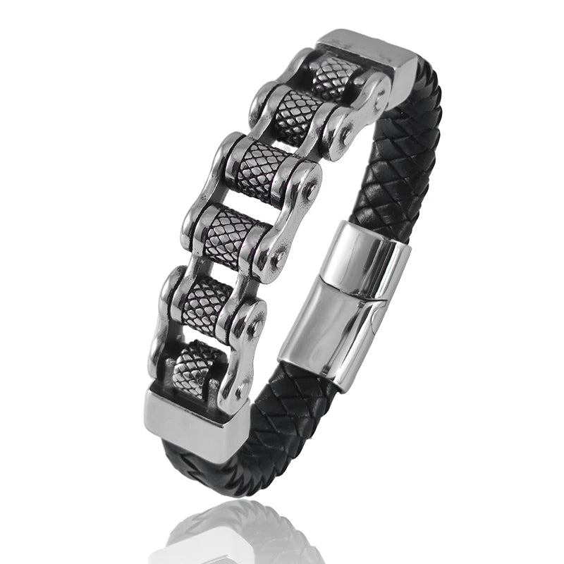 Classic Locomotive Chain Leather Bracelet Multi-layer Men Stainless Steel Punk Magnetic Clasp Bangle for Friend Charm Jewelry