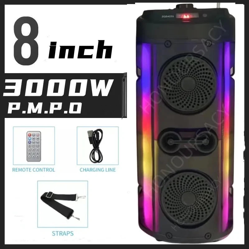 Karaoke Sound Box Caixa De Som 3000W P.M.P.O RGB Color Party DJ Sound Box Outdoor Portable Dual Horn Stereo Subwoofer FM/TWS/US