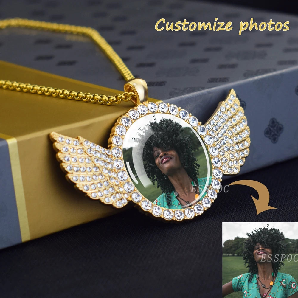 Custom Necklace Personalized Photo Picture Angel Wings Rhinestone Pendant Chains Necklaces Creative Fashion Hip Hop Jewelry Gift