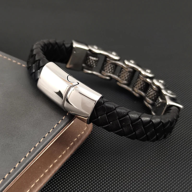 Classic Locomotive Chain Leather Bracelet Multi-layer Men Stainless Steel Punk Magnetic Clasp Bangle for Friend Charm Jewelry