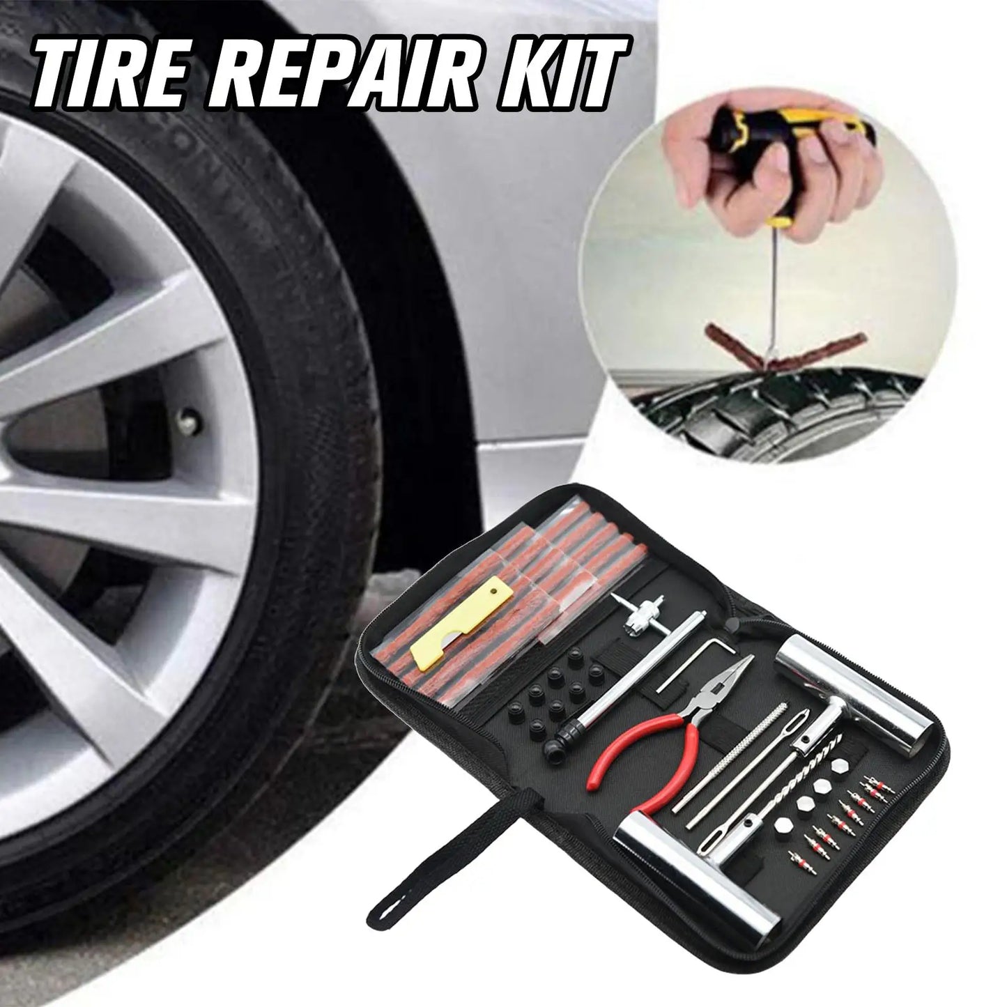 46pcs Emergency Tire Repair Kit Car Tire Repair Tool Tire Repair Kit Auto Bike Tire Repair Puncture Plug Garage Car Accessories