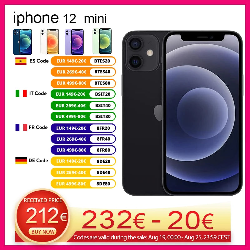 Original Apple 12 mini 64GB / 128GB / 256 ROM iPhone unlocks 5,4 inch OLED 5g screen a14 bionic chip with face ID camera 12mp