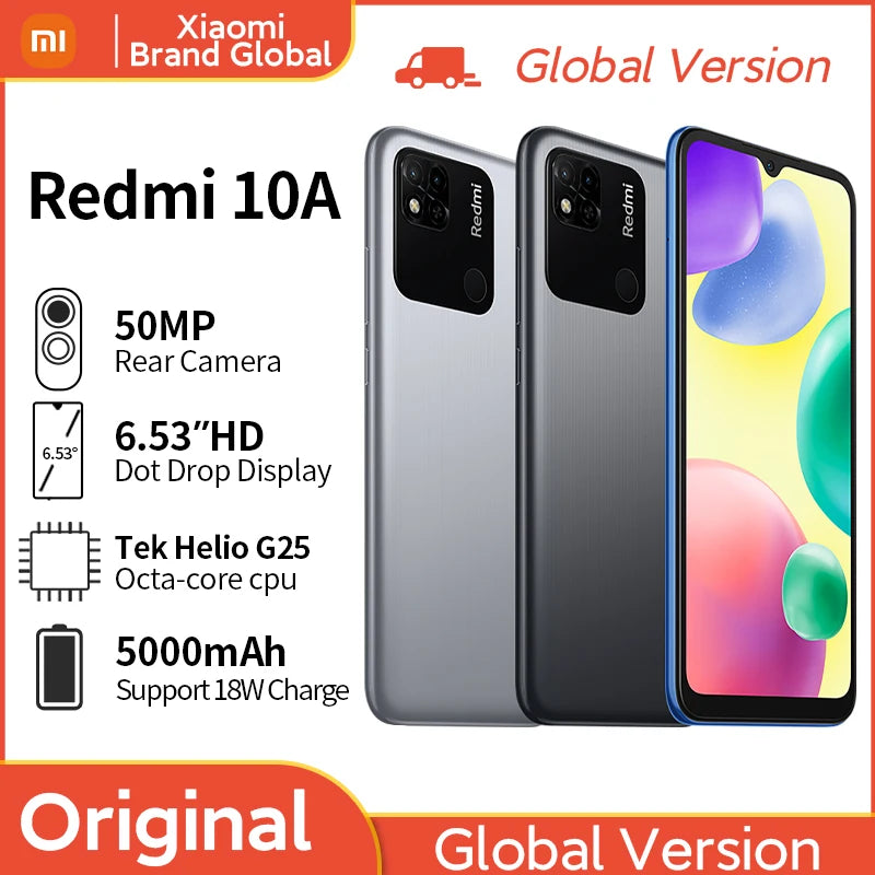 Global Version Xiaomi Redmi 10A Smartphone 2GB+32GB/4GB+128GB MTK Helio G25 6.53" 5000mAh 13MP Camera 10W Fast Charging Original