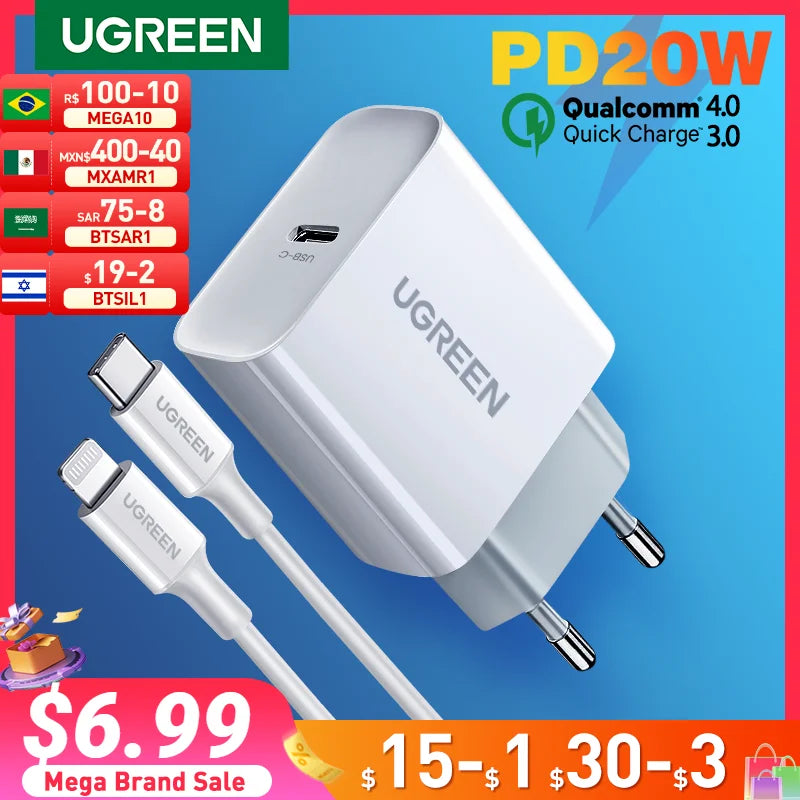 UGREEN Quick Charge 4.0 3.0 QC PD Charger 20W QC4.0 QC3.0 USB Type C Fast Charger for iPhone 15 14 13 12 Xiaomi Phone PD Charger