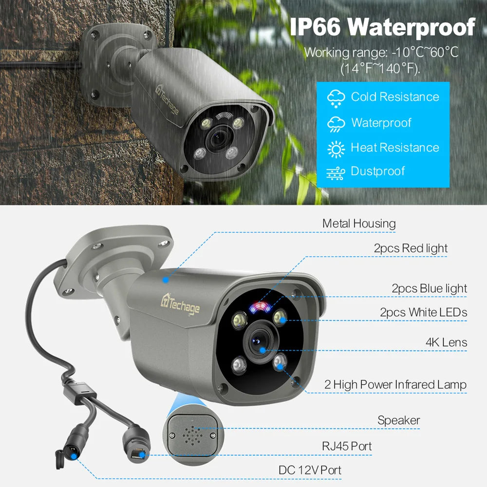 Techage 8MP Ultra HD 4K POE AI Camera Outdoor H.265 IP Camera Face Detect Full Color Night Two-way Audio for Surveillance System