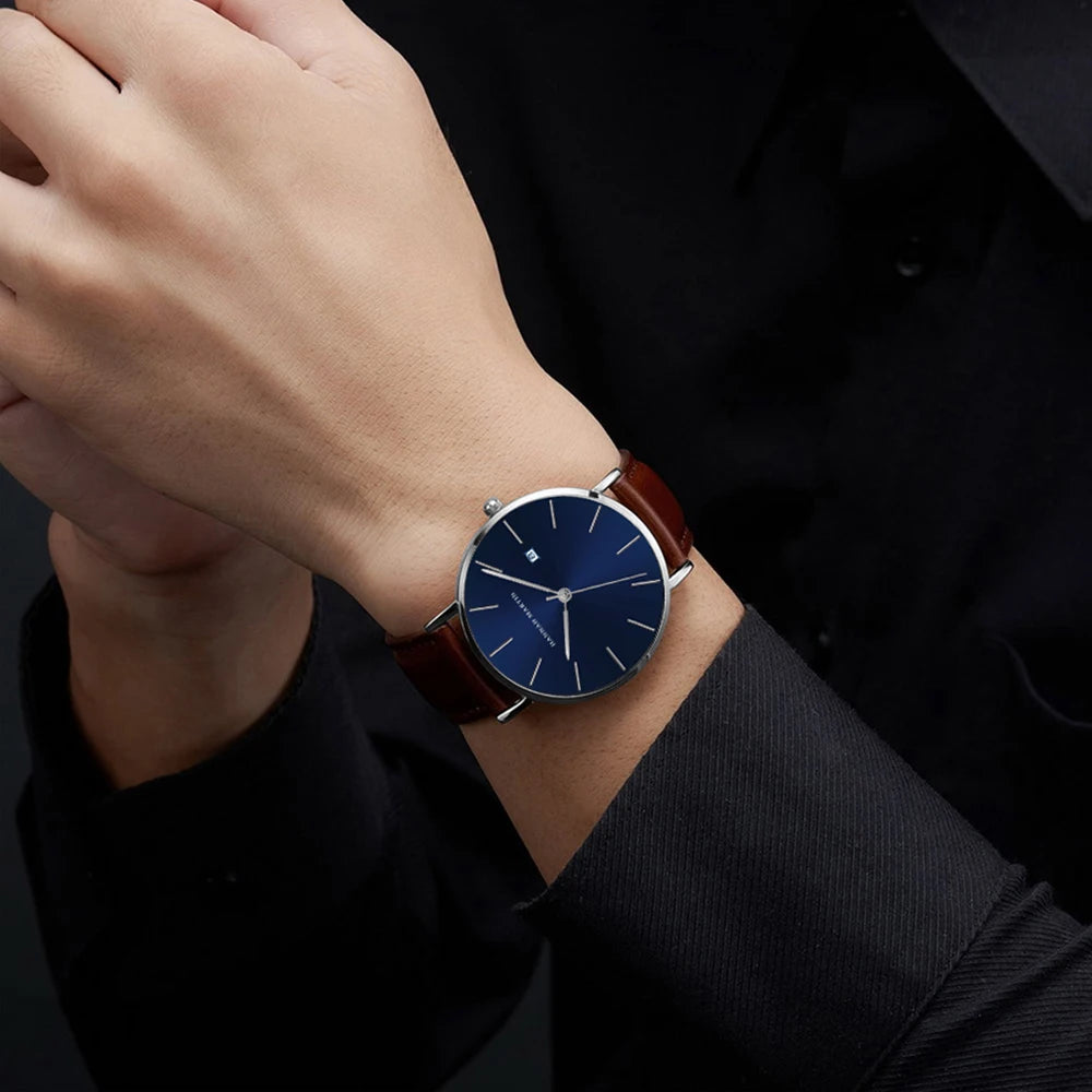 Dropshipping Japan Movement Men Wristwatches Hannah Martin Top Luxury Brand Dark Blue Face Casual Leather Wrist Watches For Men