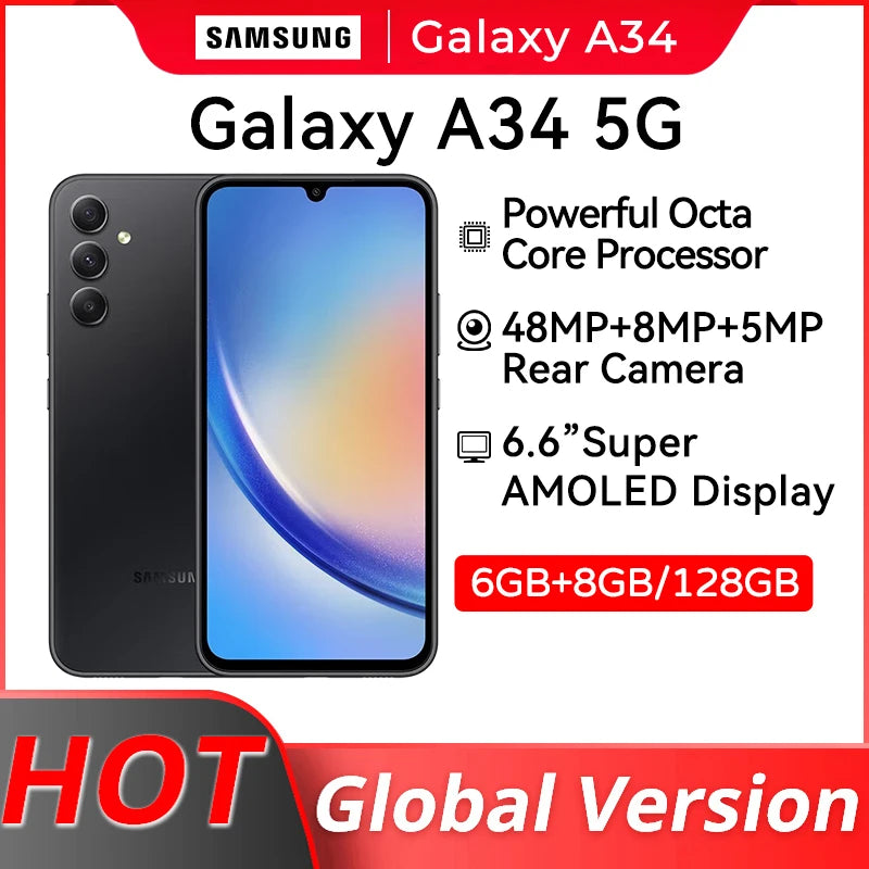 Samsung Galaxy A34 5G NFC Smartphone Octa Core 6.6'' 120Hz AMOLED Display 48MP OIS Triple Camera 5000mAh Battry Mobile Phone New