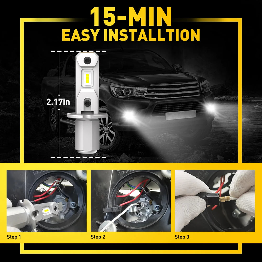 AUXITO 2Pcs H3 LED Headlight Bulb Canbus No Fan High Beam 6500K White Yellow Car LED Fog Light Driving Lamp DRL 12V Mini Design