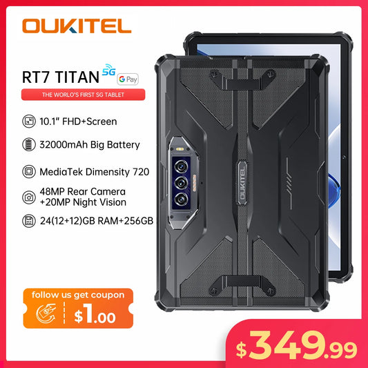 Oukitel RT7 TITAN 5G Rugged Tablet 10.1" FHD+ 32000mAh 12GB+256GB Android 13 Tablet 48MP+20MP Tablets PC