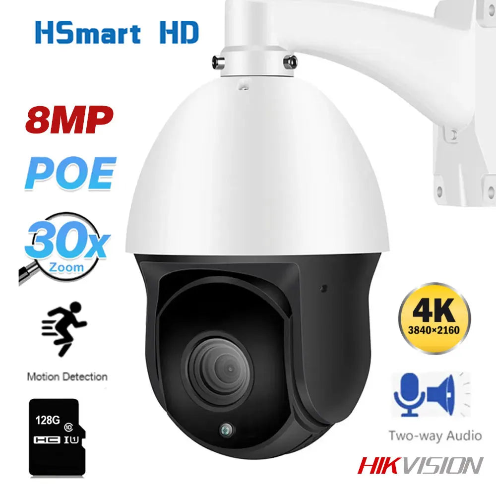 8MP 4K PTZ 30X Zoom Auto Focus Outdoor PTZ Speed Dome Camera Audio POE H.265 Surveillance CCTV NVR Hikvision Compatible