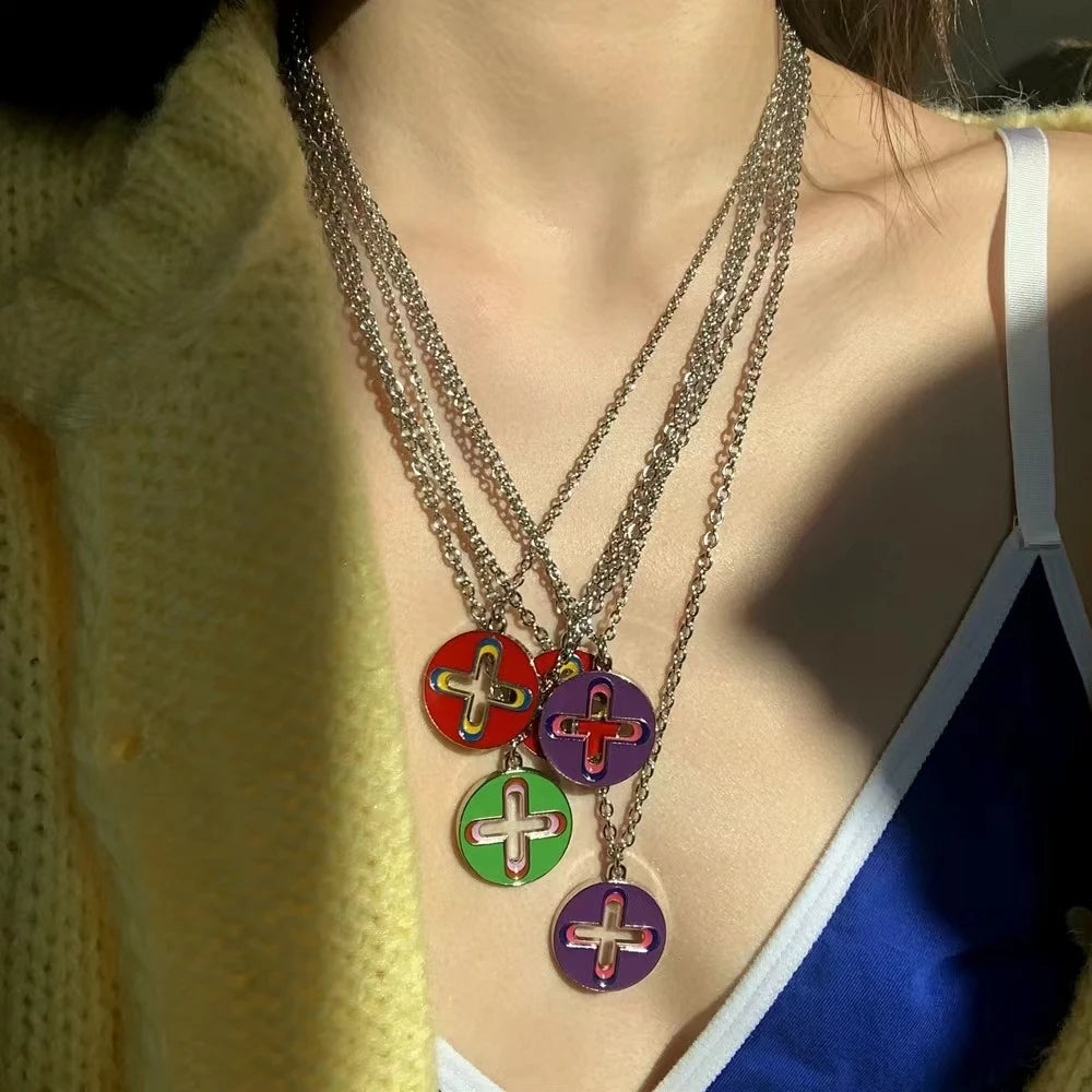 New Trendy Brand Cross Round Brand Dripping Oil Pendant Necklace Hip Hop Niche Design Personality Net Red Same Necklace