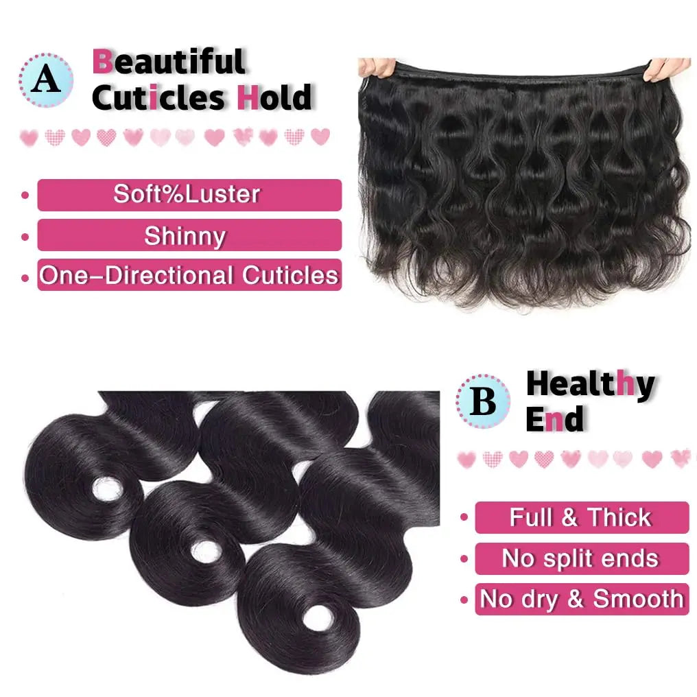 Human Hair Bundles with Closure Body Wave Brazilian Virgin Human Hair Weave 3 Bundles with 4x4 Lace Closure Natural Black Color