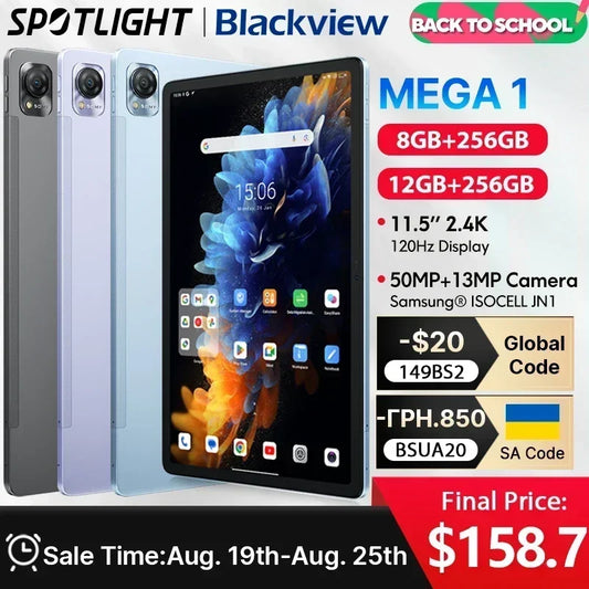 【World Premiere】Blackview MEGA 1 Tablet 11.5 inch 2.4K 120Hz Display 12GB 256GB 8800mAh 50MP+13MP Camera 33W Fast Charging Pad