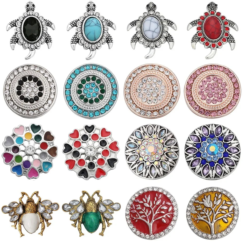 5pcs/lot Snap Button Jewelry Mixed Crystal Rhinestone Flower Turtle Tree 18mm Metal Snap Buttons Fit Snap Bracelet Necklace