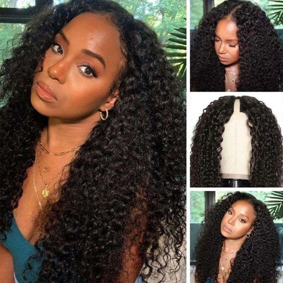 Cheap U Part Human Hair Wigs Jerry Curly Brazilian Hair Wigs Natural Black Deep Wave Glueless V Part Wigs 180% Density Wholesale