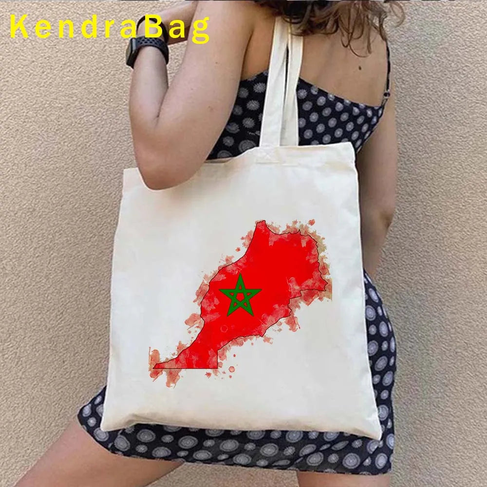 Casablanca Morocco Map Flag Travel Souvenir Moroccan Girl Love Heart Shoulder Canvas Totes Bag Harajuku Shopping Cotton Handbags