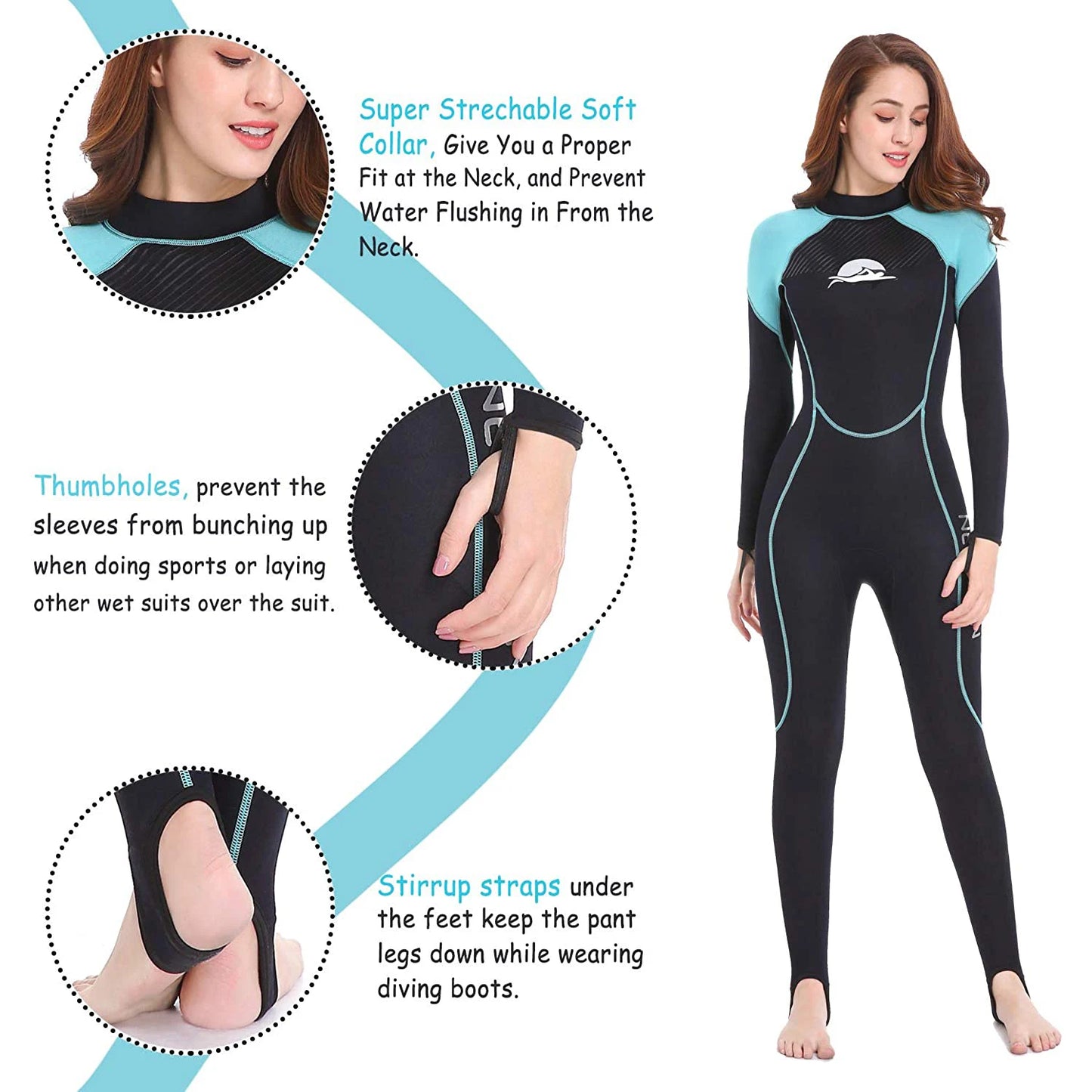 Women's 2mm Neoprene Wet Suits Full Body Wetsuit for Diving Snorkeling Surfing Swimming Canoeing in Cold Water Back Zipper Strap