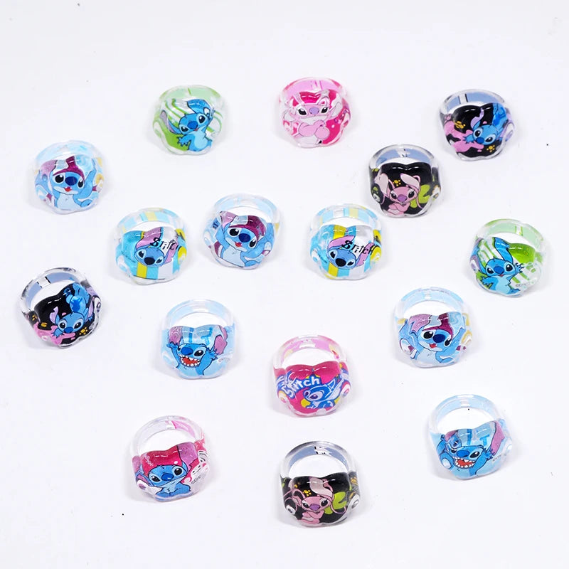 10pcs Disney Cartoon Stitch Flower shape Ring Acrylic Girl Rings Jewelry Ring For Kids Children's Party Birthday Supplies Gift