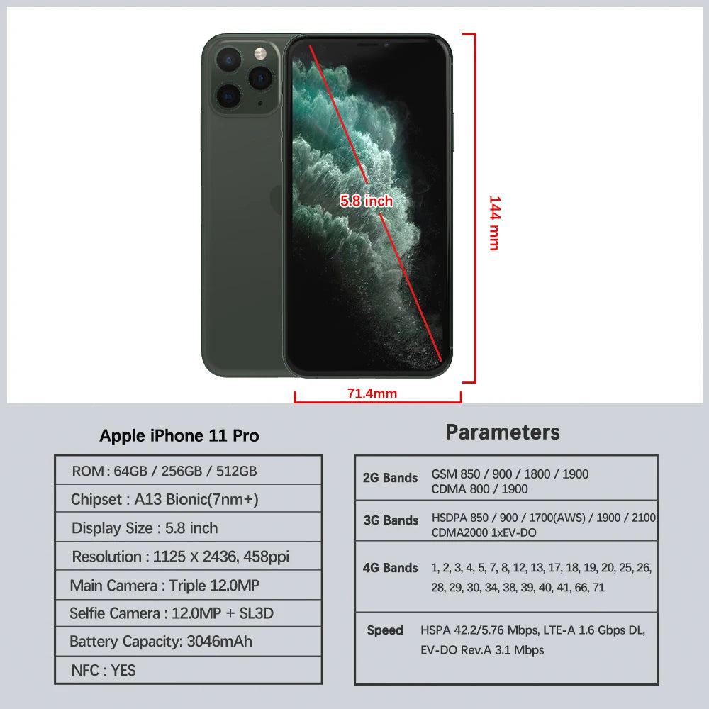 Apple iPhone11 Pro 64GB 256GB ROM Original 5.8" Super Retina OLED A13 IOS iPhone 11 Pro 11Pro Face ID Genuine Unlocked 11 pro