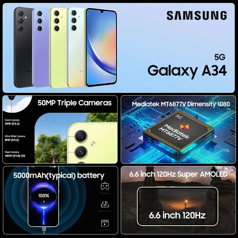 Samsung Galaxy A34 5G NFC Smartphone Octa Core 6.6'' 120Hz AMOLED Display 48MP OIS Triple Camera 5000mAh Battry Mobile Phone New