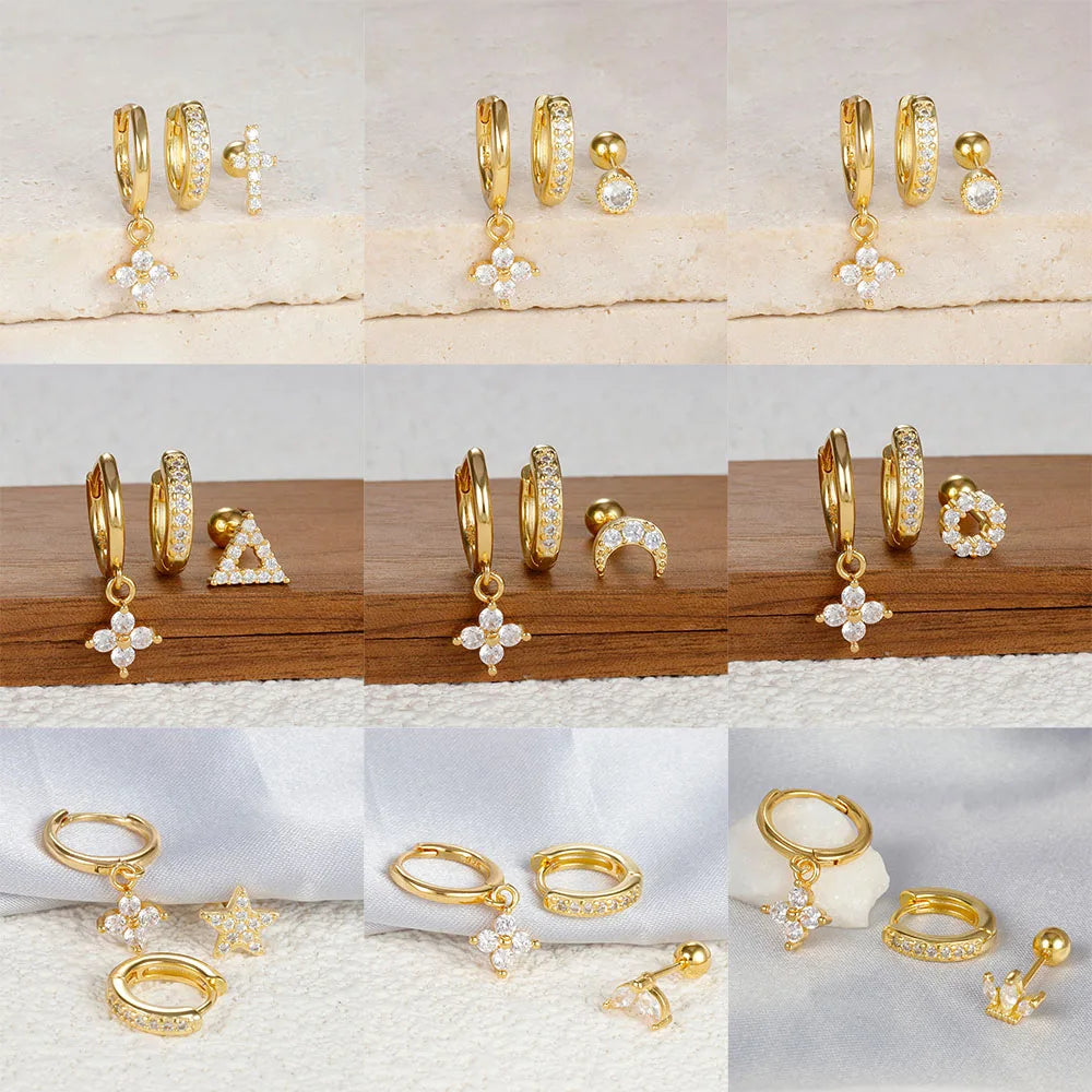 New Gold Color Four Flower Zircon Small Hoop Earring for Women Tiny Stainless Steel Moon Cartilage Earring Piercing Jewelry Sets