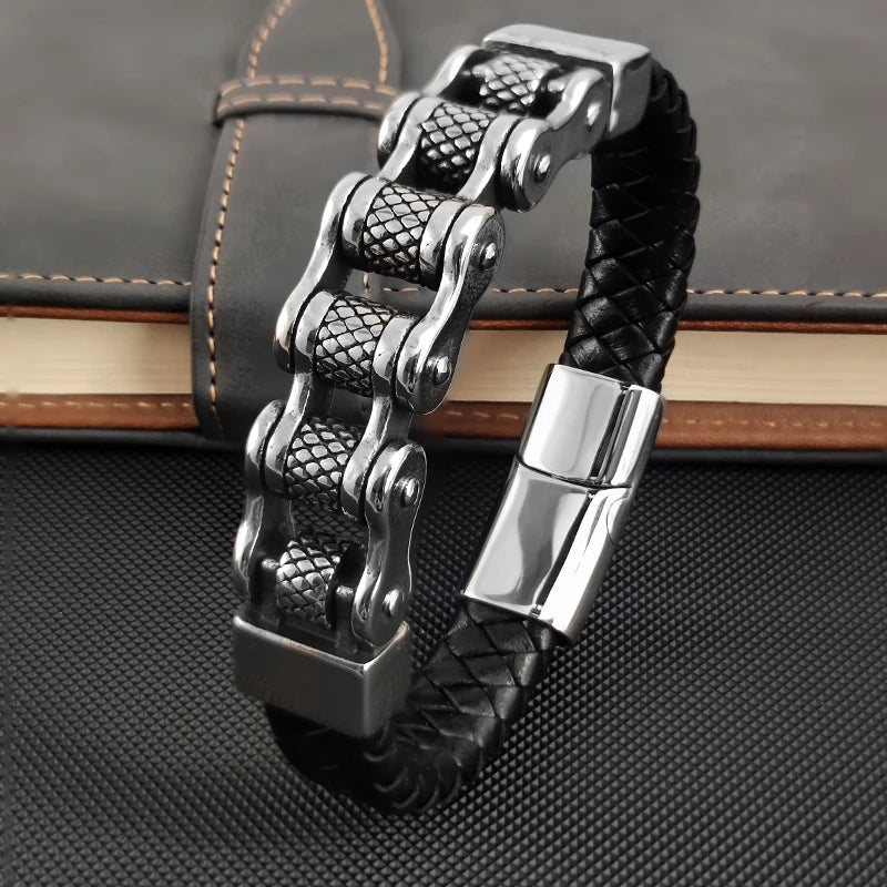 Classic Locomotive Chain Leather Bracelet Multi-layer Men Stainless Steel Punk Magnetic Clasp Bangle for Friend Charm Jewelry