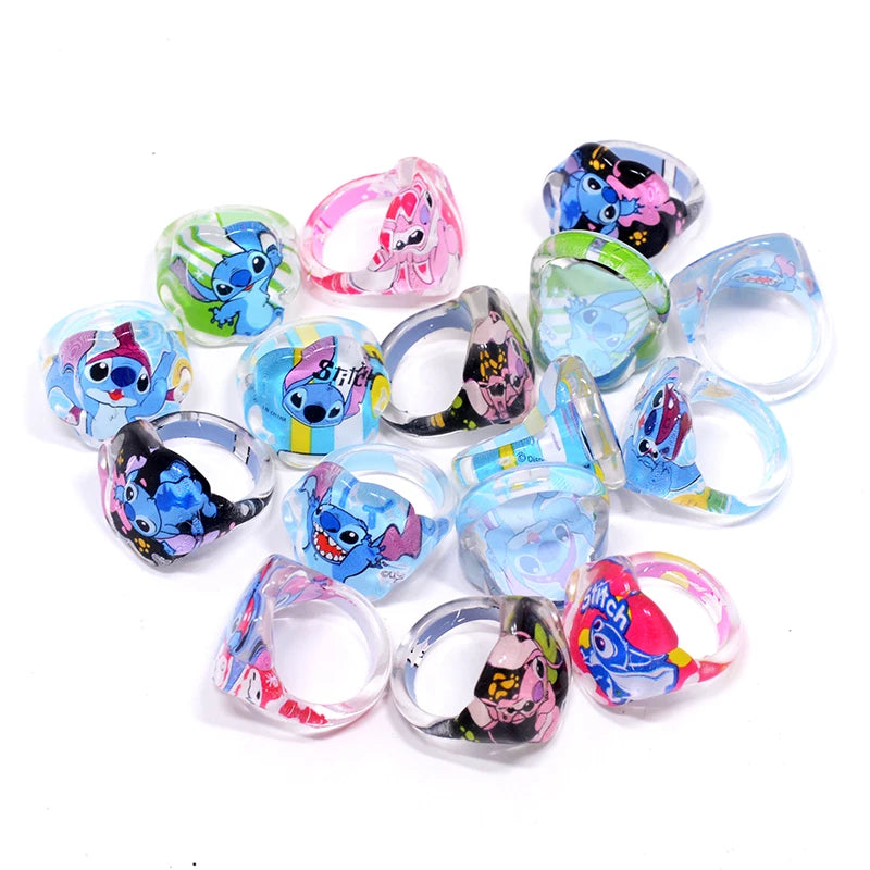 10pcs Disney Cartoon Stitch Flower shape Ring Acrylic Girl Rings Jewelry Ring For Kids Children's Party Birthday Supplies Gift