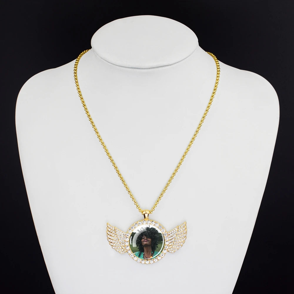 Custom Necklace Personalized Photo Picture Angel Wings Rhinestone Pendant Chains Necklaces Creative Fashion Hip Hop Jewelry Gift