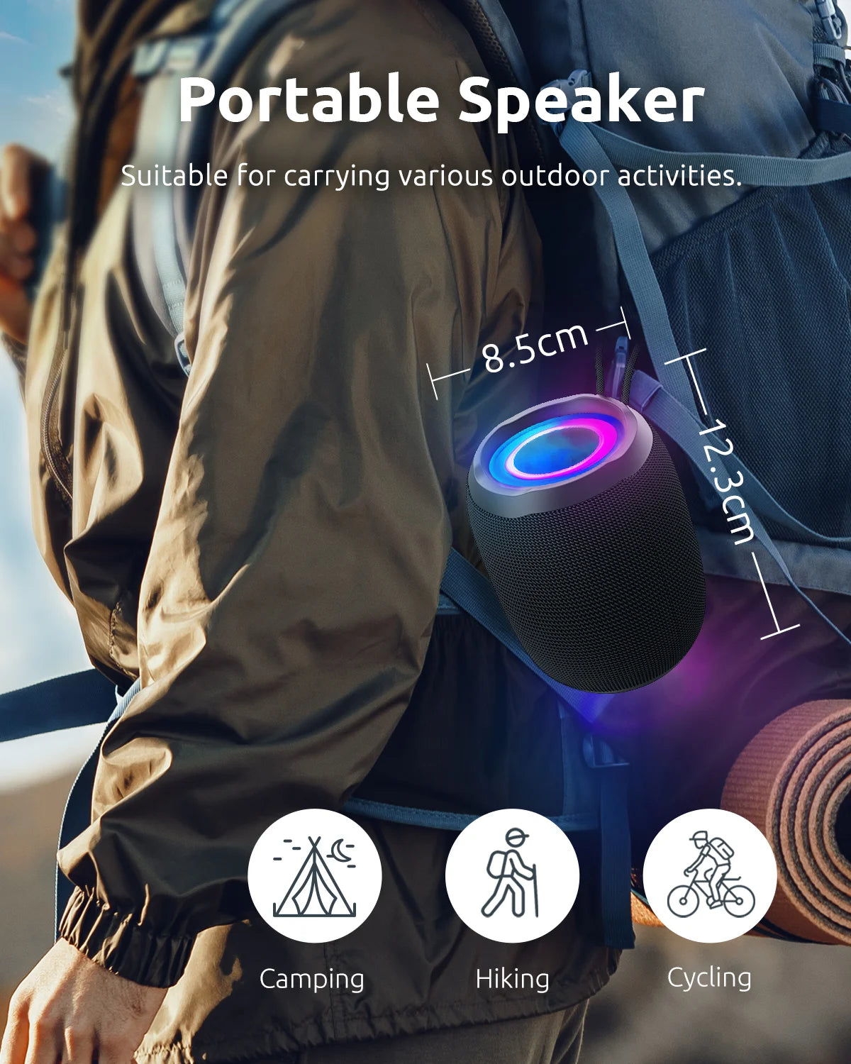 Bluetooth speaker, powerful small portable wireless speaker with FM radio, IPX6 waterproof, 5 LED light modes, microphone, USB