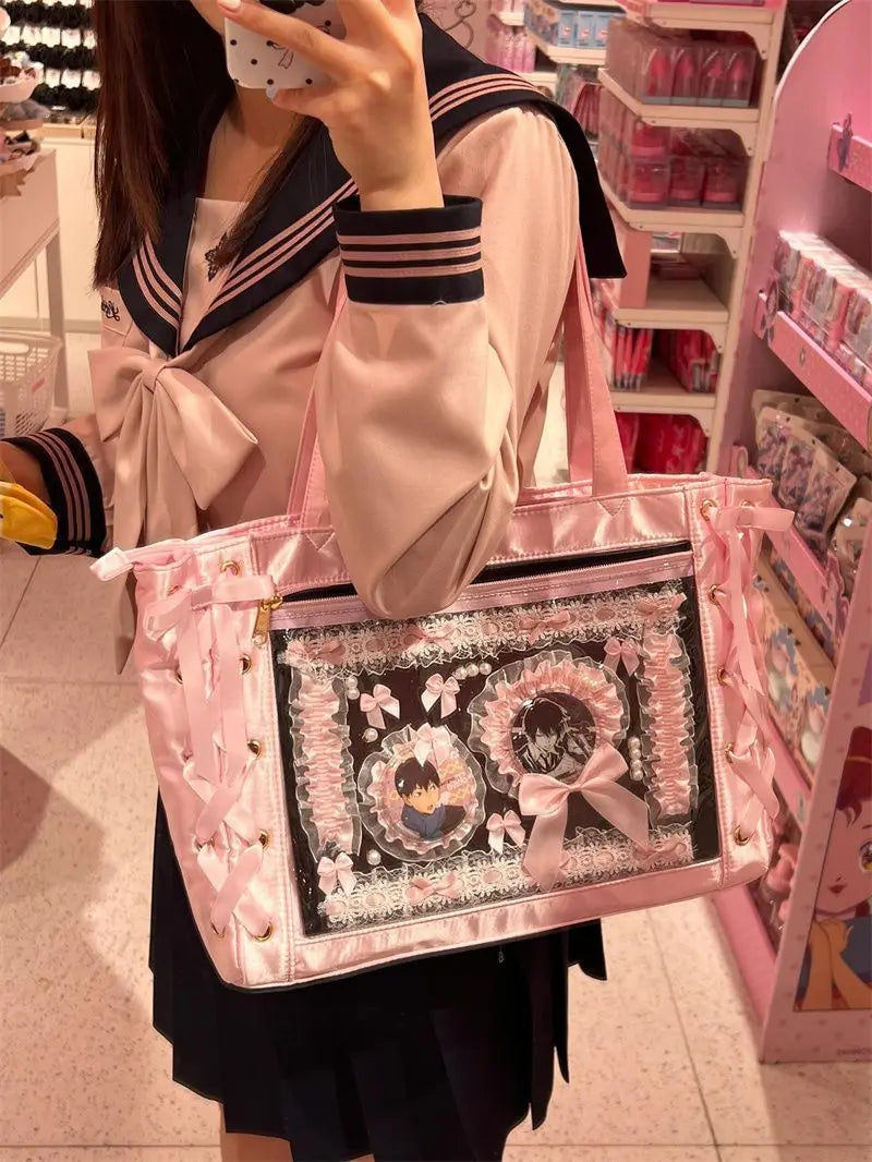 JIAERDI Sweet Lolita Pink Ita Bag Women Japanese Transparent Large Capacity Tote Bag Ladies Harajuku Kawaii Handbag Aesthetic